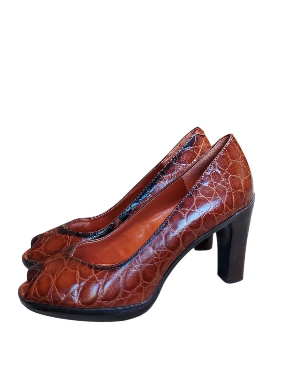 Nine West Cognac Alligator Embossed Leather Open Toe Heels Block Heel